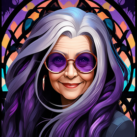 Image: Artificial Intelligence Generated image of an elder woman with long gray hair (highlights of deep bluish purple), in front of a animated cartoonish stained glass arch window with (what appears to be) the ears of a cat (with the face of the cat hidden by the woman's face). She looks cheerful wearing large round sunglasses with purple see through lenses.